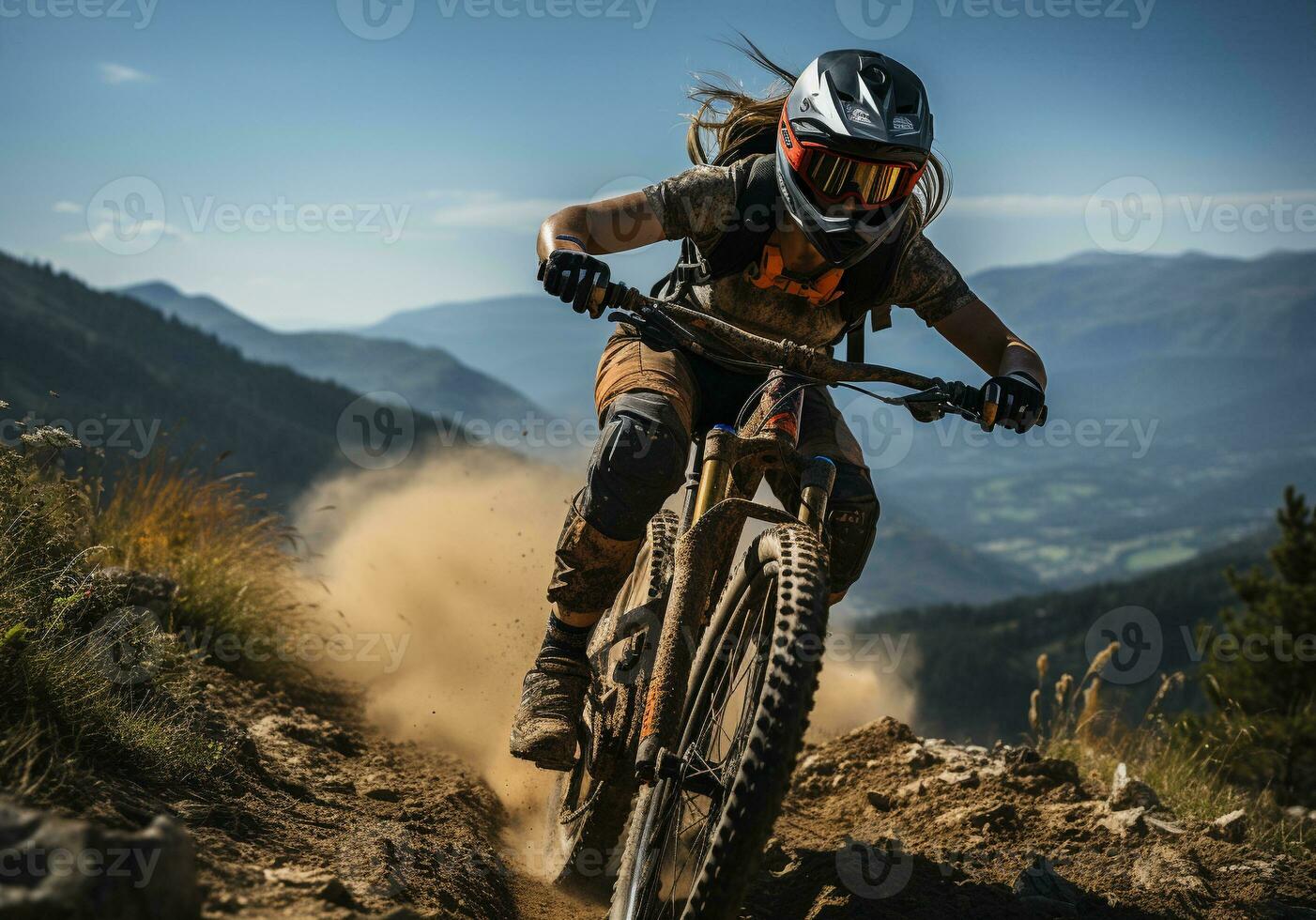 ai gegenereerd berg fietsen vrouw rijden Aan fiets in zomer bergen Woud landschap. generatief ai foto