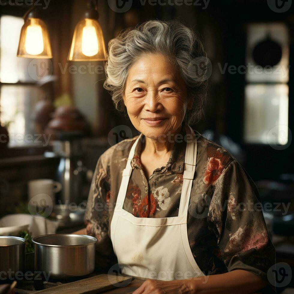 ai gegenereerd 80 jaar oud Chinese vrouw Koken in huis keuken. generatief ai. foto