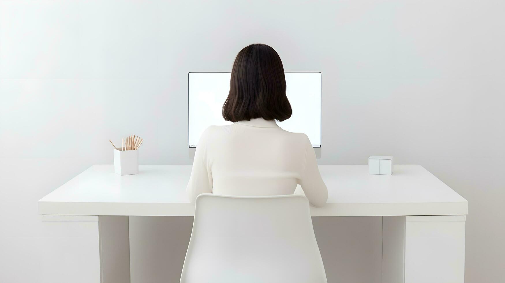 ai gegenereerd professioneel vrouw verloofd in productief werk Bij een schoon bureau opstelling foto