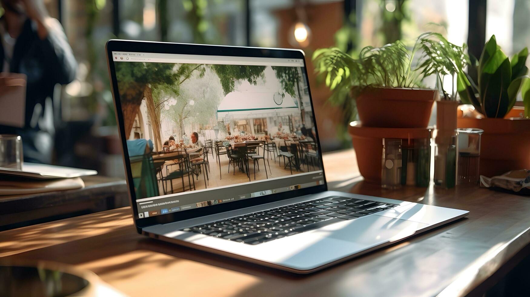 ai gegenereerd freelance ontwerper houten bureau planten Open laptop creatief ruimte foto