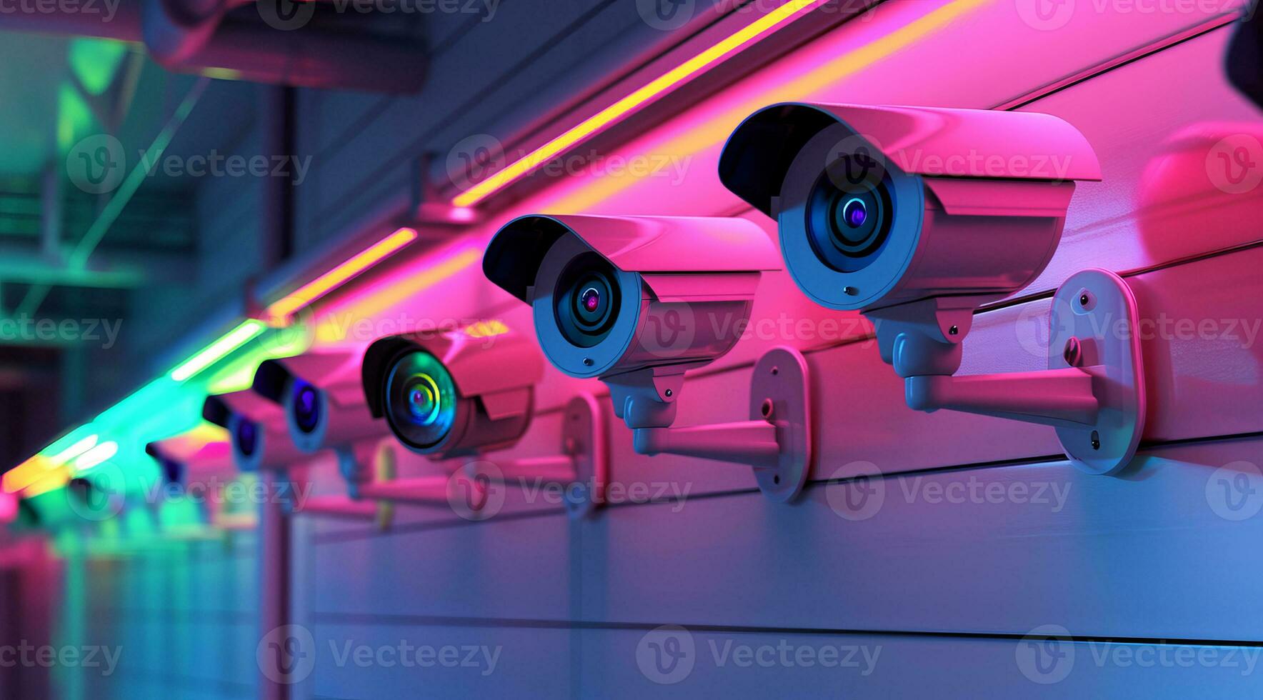 ai gegenereerd cctv veiligheid veiligheid camera biedt toezicht, privacy en bescherming naar bedrijf magazijn foto