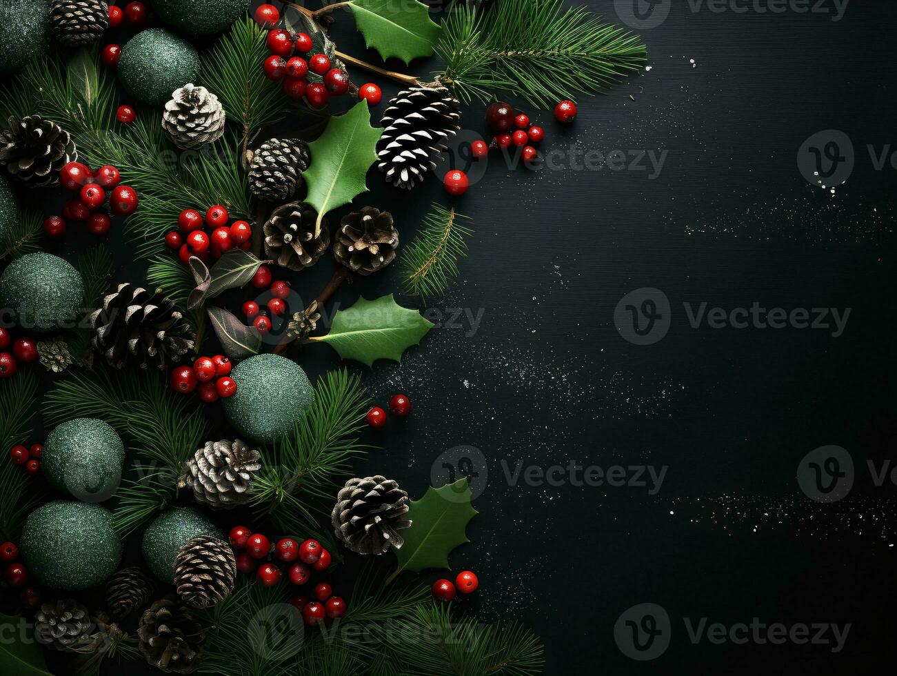 ai gegenereerd top naar beneden perspectief van feestelijk Kerstmis decoraties een nieuw jaar groen backdrop foto
