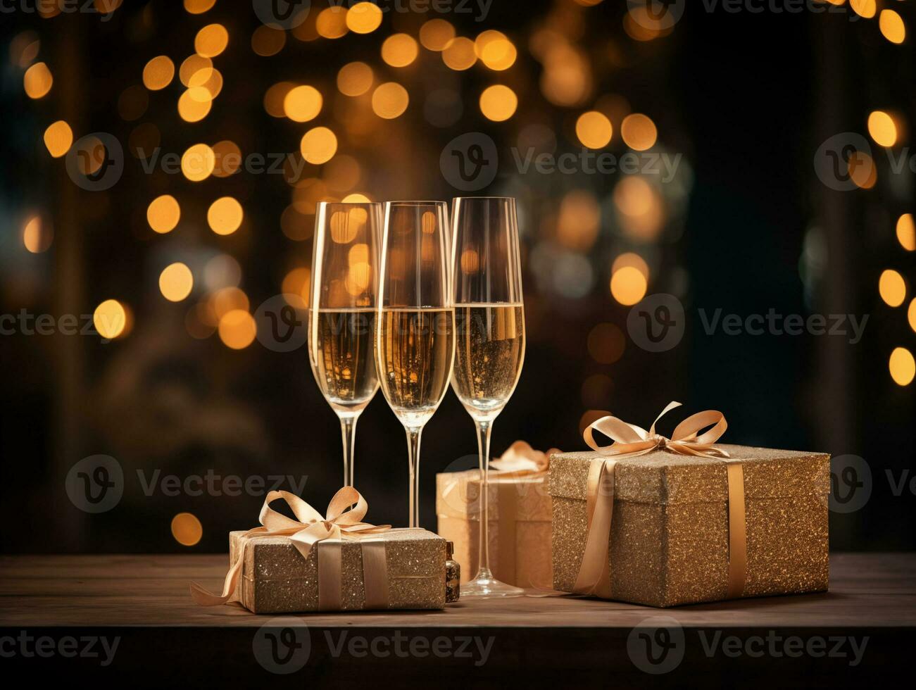 ai gegenereerd bril van Champagne Aan tafel tegen wazig achtergrond. ruimte voor tekst. gouden geschenk dozen. kerstmis, nieuw jaar, verjaardag viering concept. foto