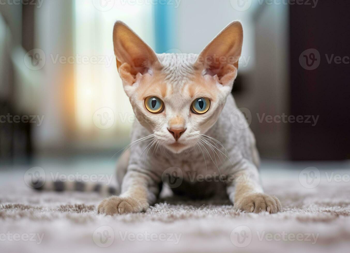 ai gegenereerd devon rex kort haar- kat ras bekend voor haar hoog oren en sphynx kijken foto