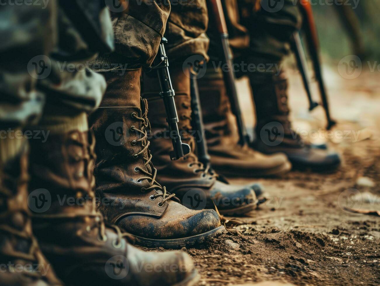 ai gegenereerd soldaten en gewapend krachten in loopgraven in regionaal conflict oorlog Holding wapens foto