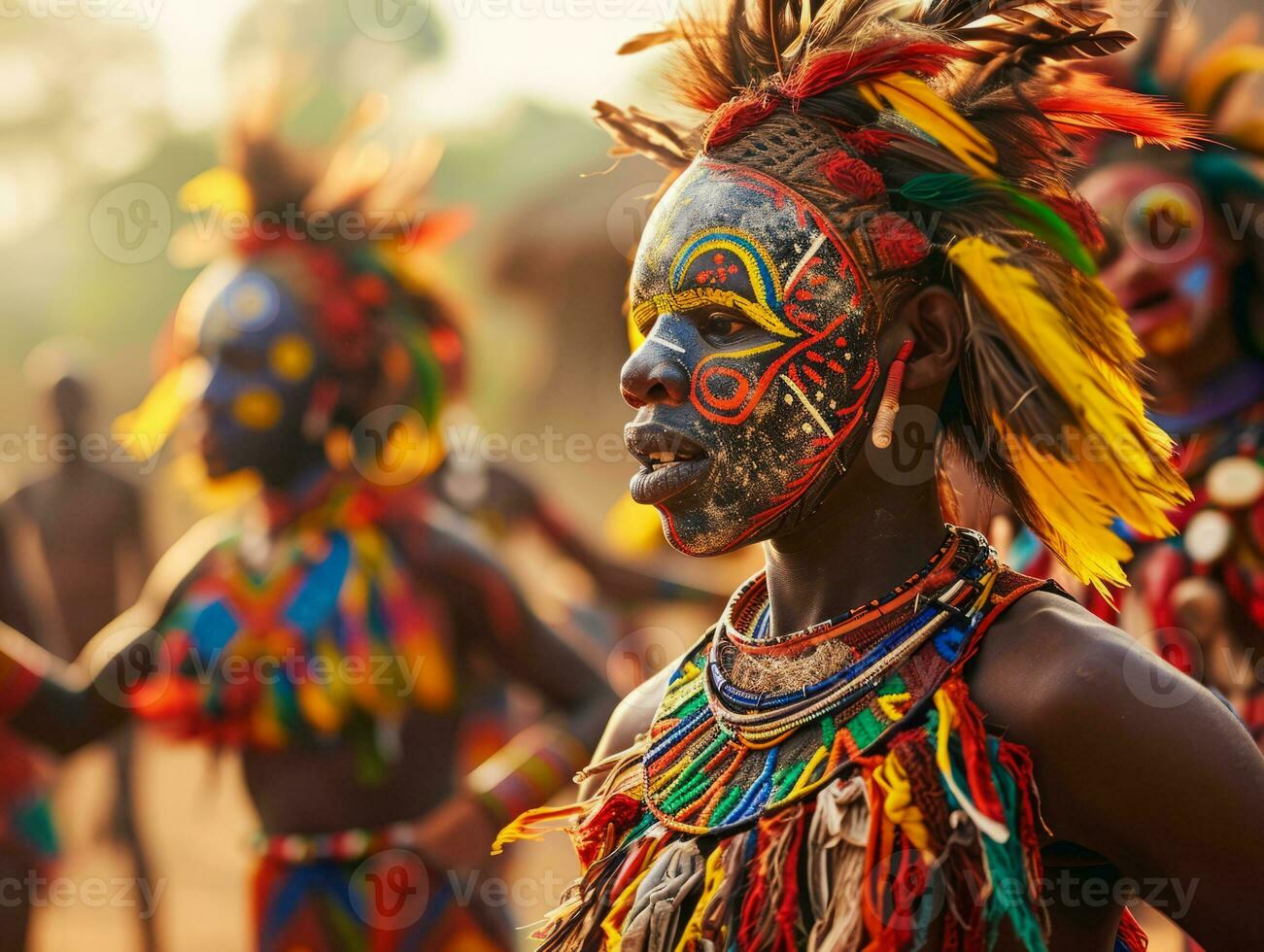 ai gegenereerd inheems tribal inheems Afrikaanse mensen dansen in maskers en kostuums met geschilderd gezichten foto