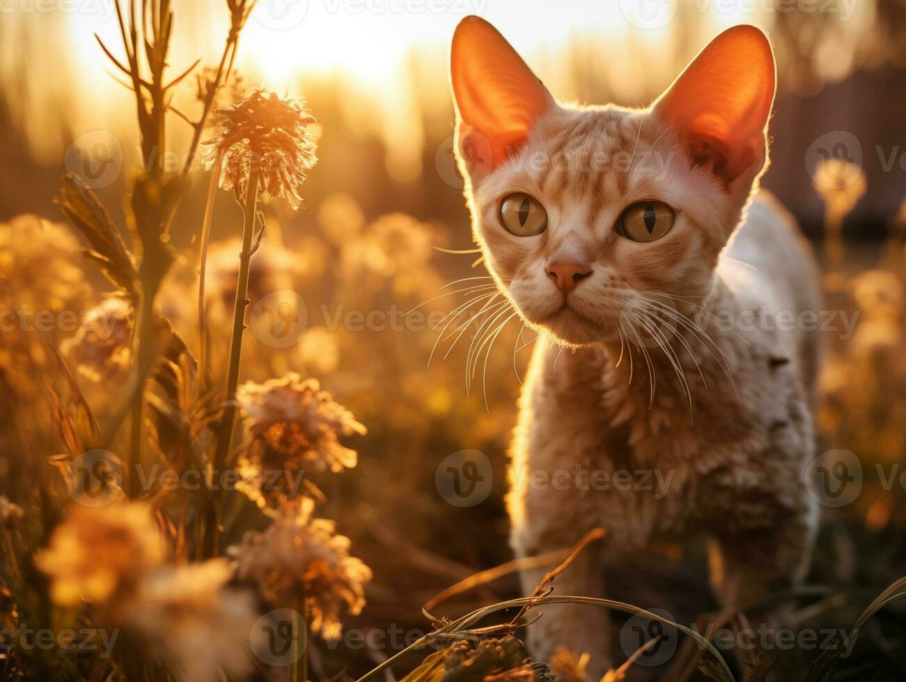 ai gegenereerd devon rex kort haar- kat ras bekend voor haar hoog oren en sphynx kijken foto