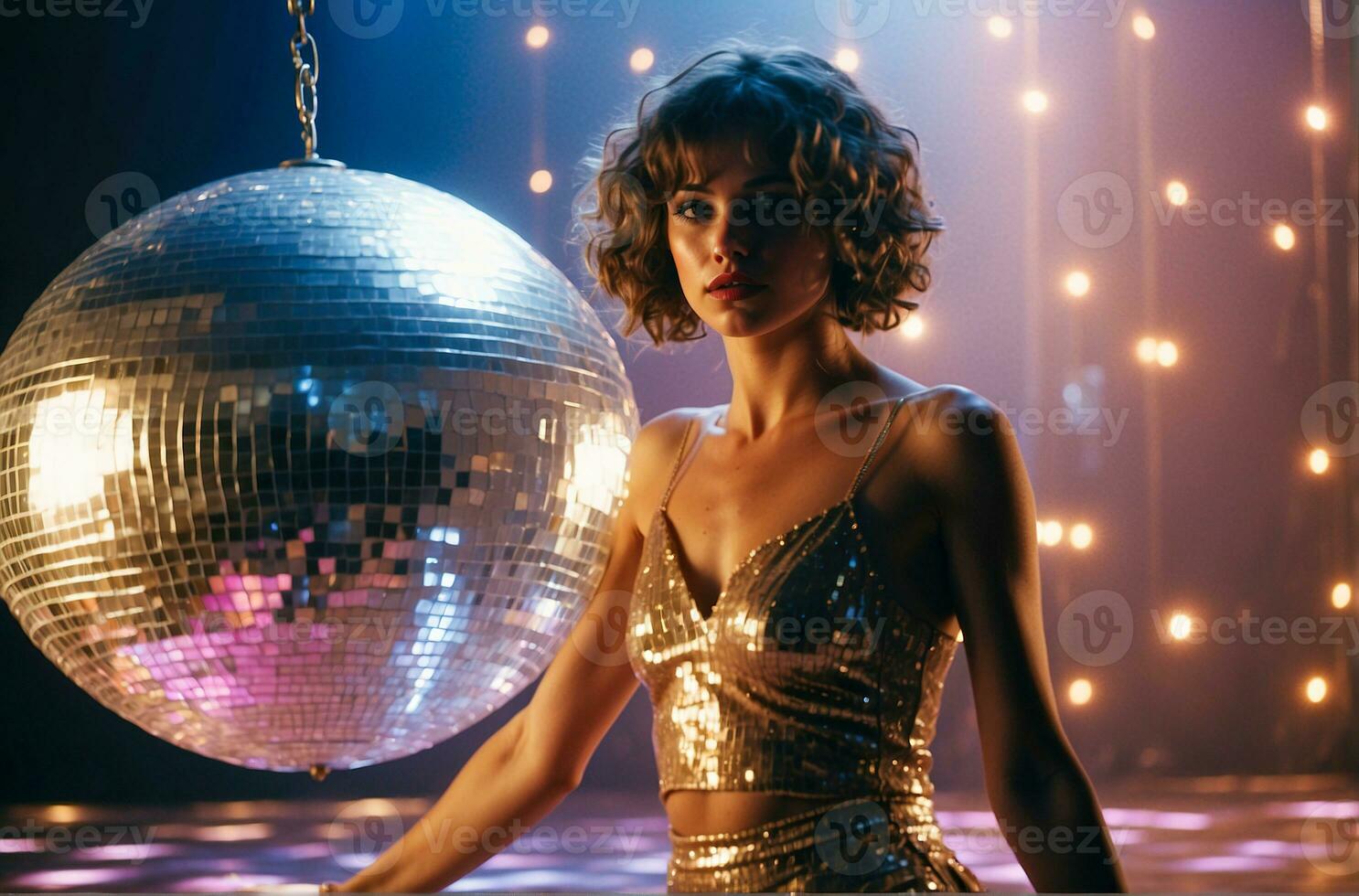 ai gegenereerd sexy disco vrouw danser en een aantrekkingskracht disco bal foto