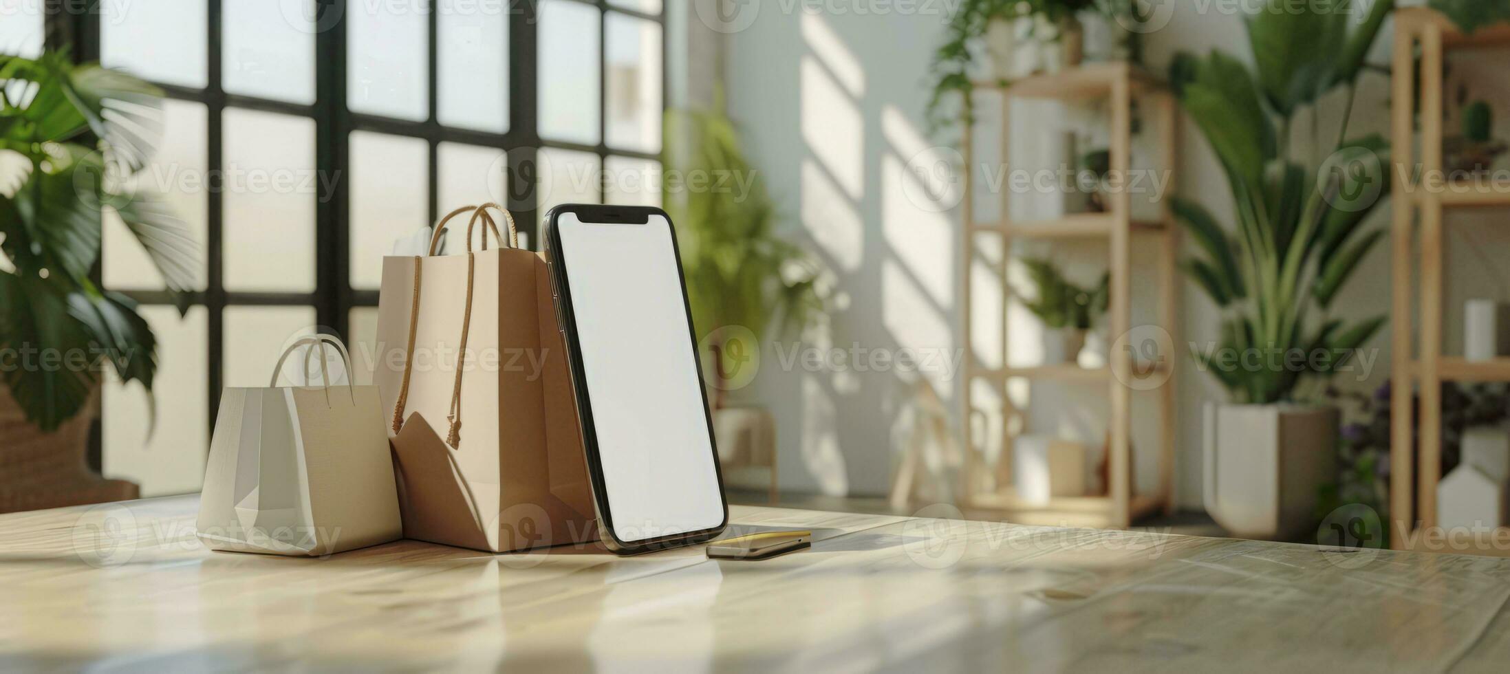 ai gegenereerd online boodschappen doen met credit kaart van mobiel app marktplaats. huis levering mobiele telefoon mockup foto