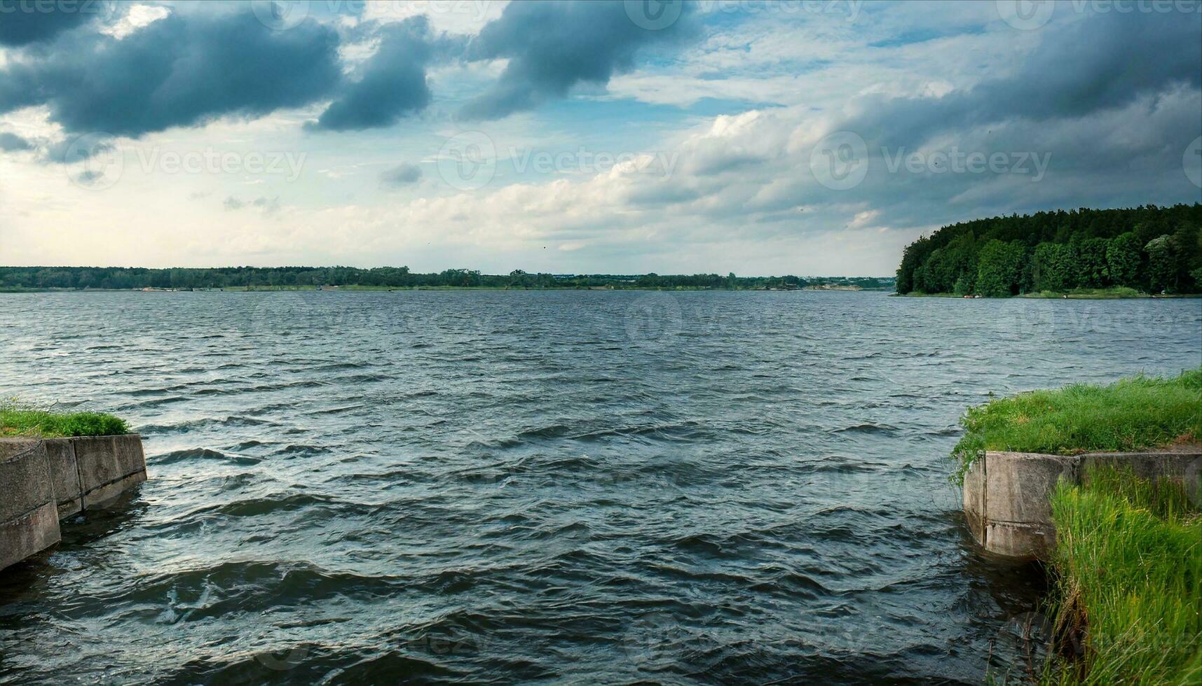 ai gegenereerd een lichaam van water met een beton muur en gras foto