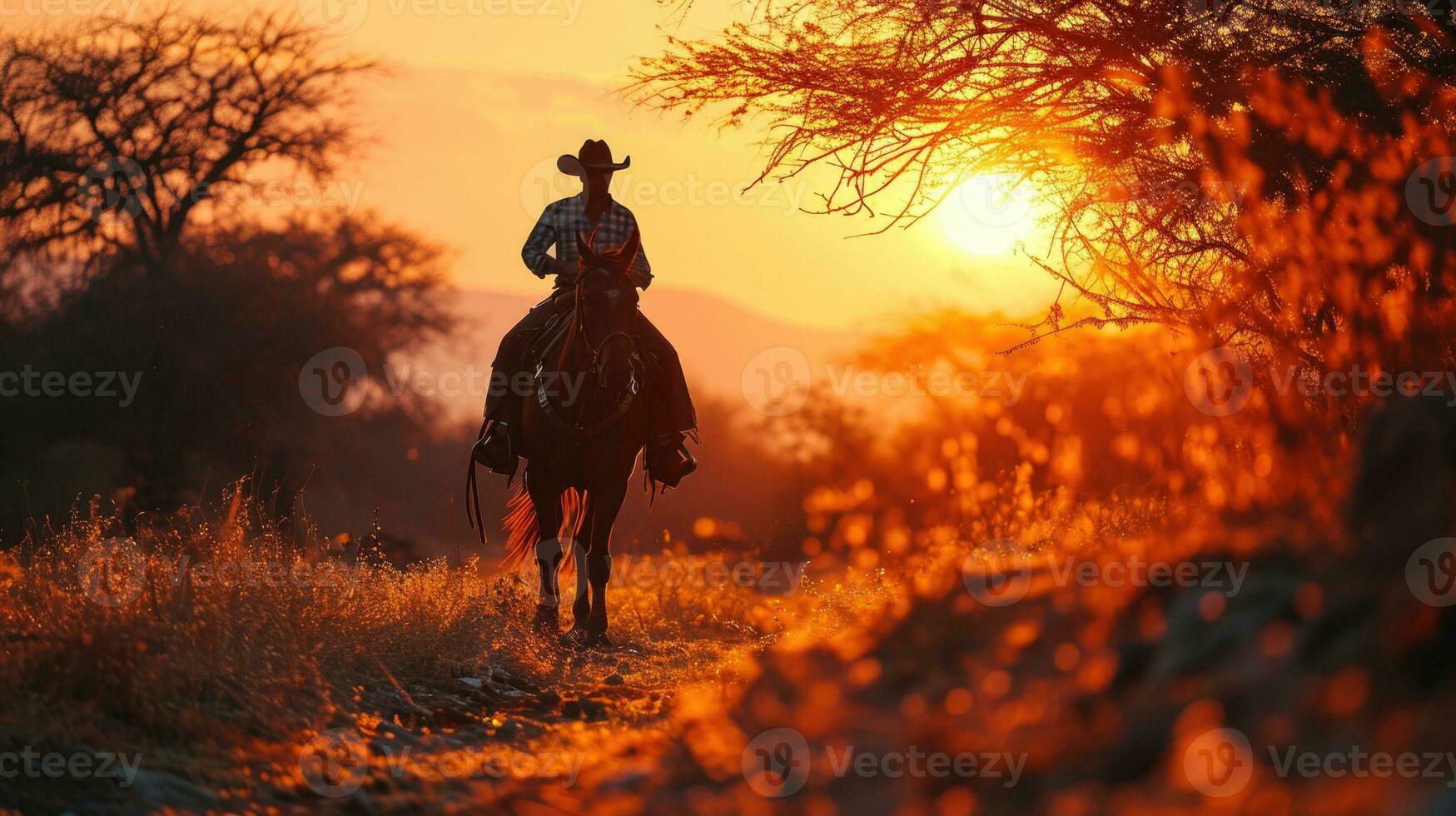 ai gegenereerd cowboy rijden paard Bij zonsondergang in platteland silhouet foto