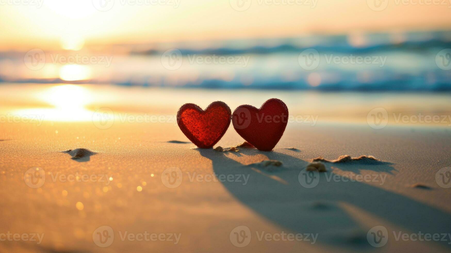 ai gegenereerd twee harten Aan strand zand Bij zonsondergang Valentijnsdag concept foto