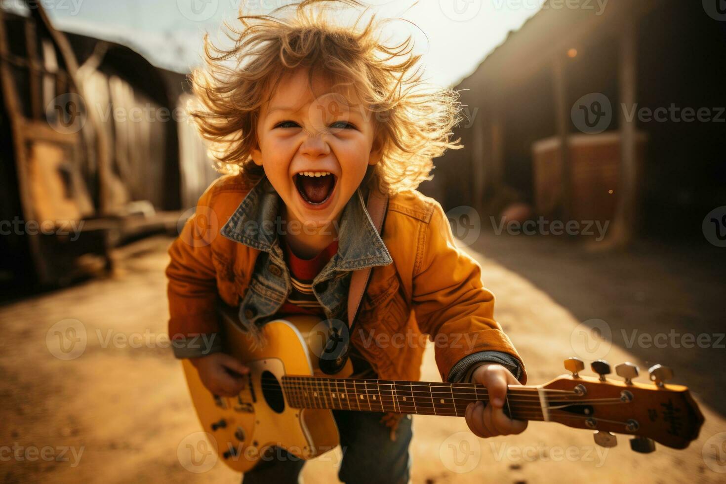 ai gegenereerd blij kind spelen gitaar Aan een zonnig straat foto