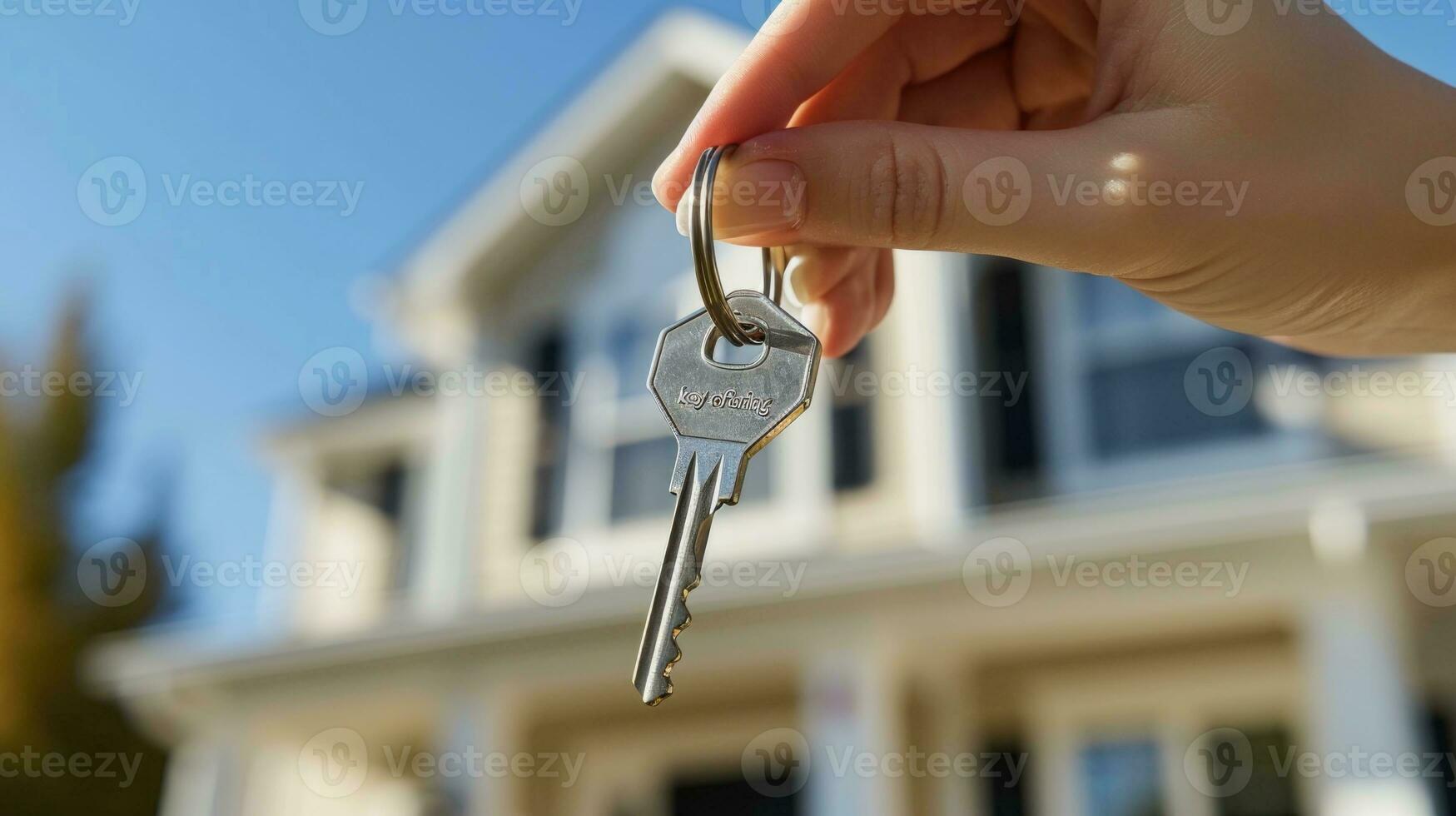 ai gegenereerd hand- Holding huis sleutels met nieuw huis in achtergrond. foto