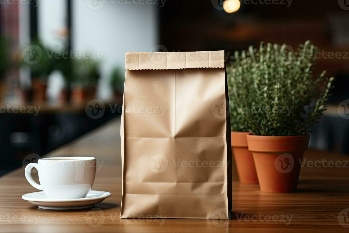 ai gegenereerd blanco papier koffie zak mockup Aan houten tafel foto