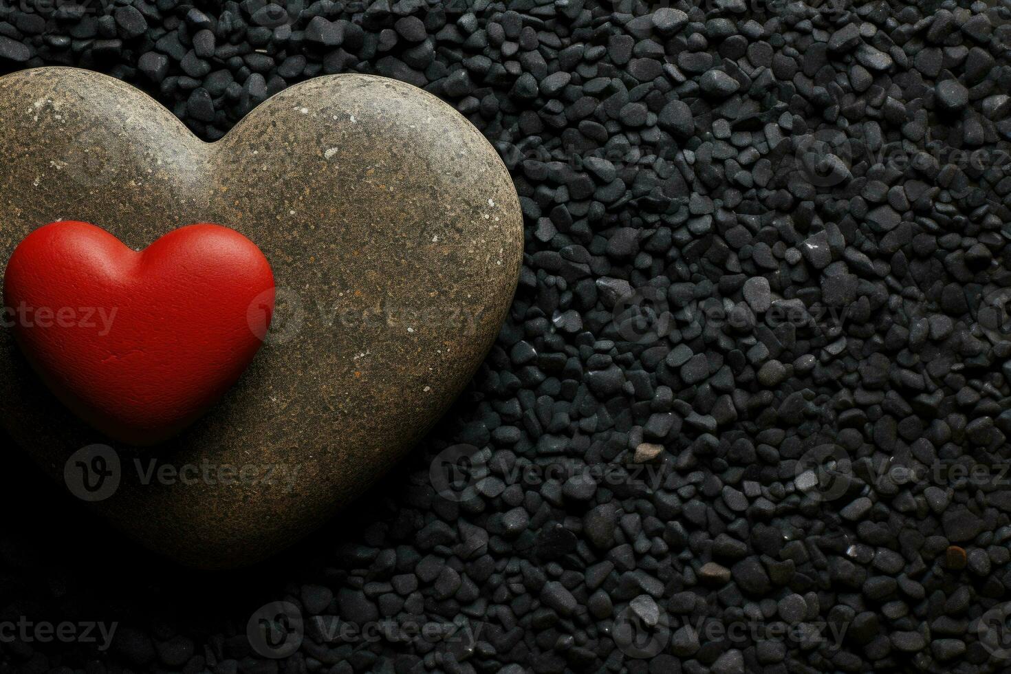 ai gegenereerd rood hart contrast tegen zwart kiezels, Valentijnsdag thema. foto