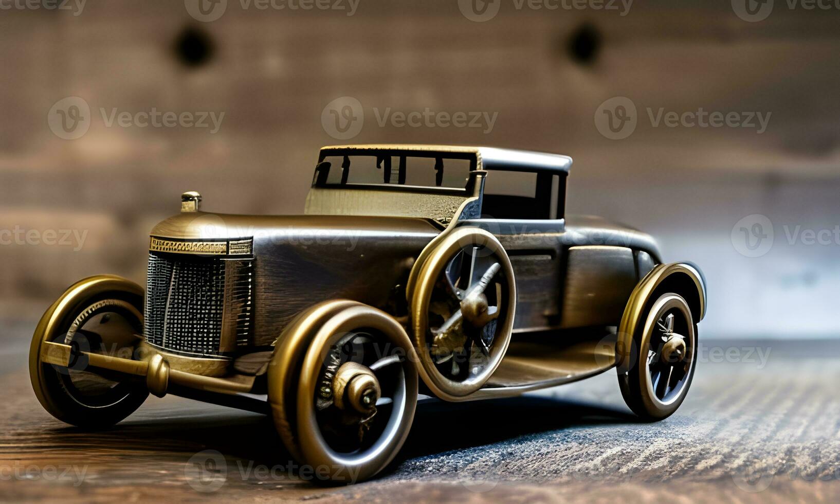 ai gegenereerd bronzen steampunk auto Aan houten tafel foto