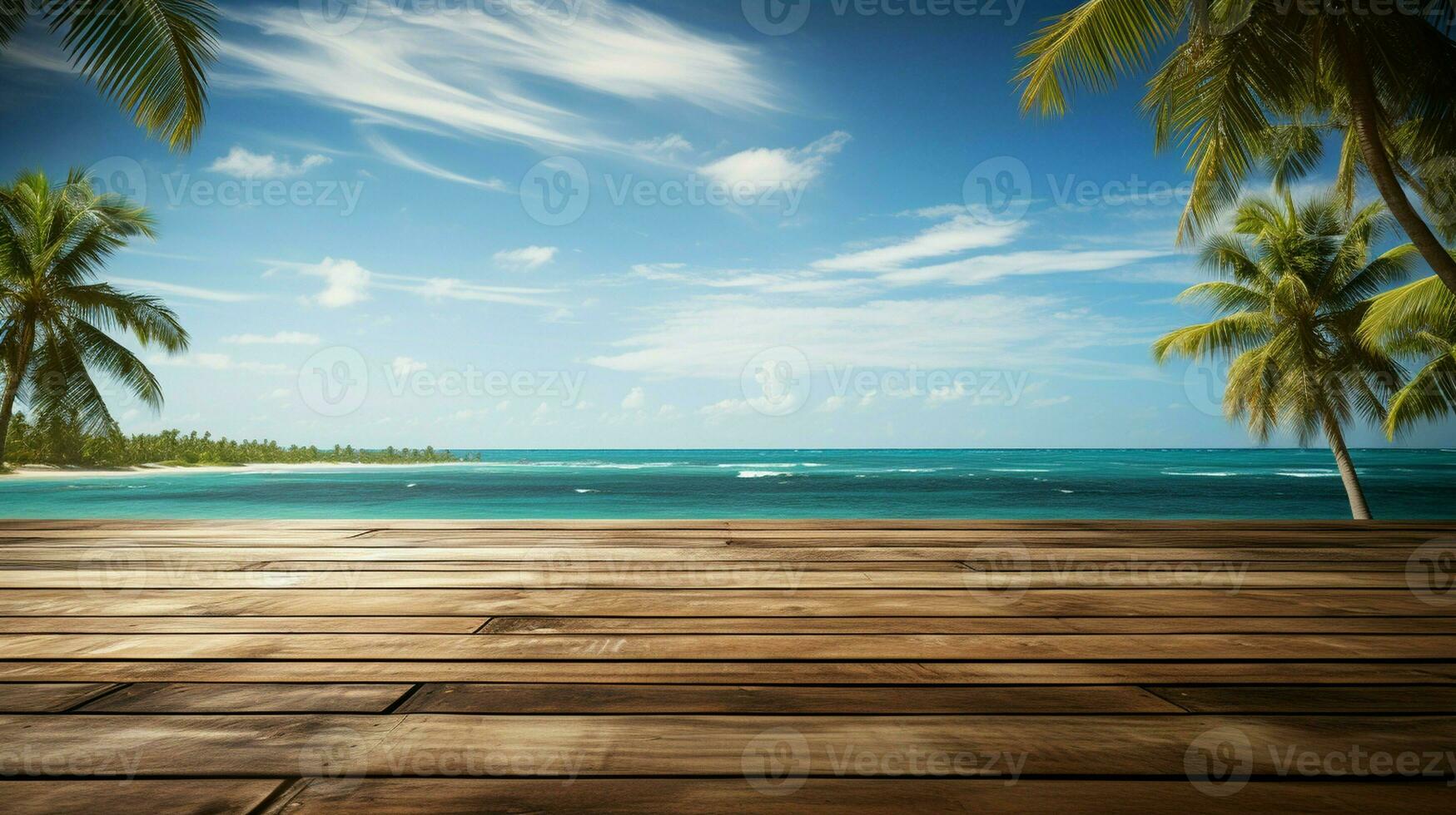 ai gegenereerd een houten platform met uitzicht mooi strand en zee landschap, sereen visie, mockup met kopiëren ruimte foto