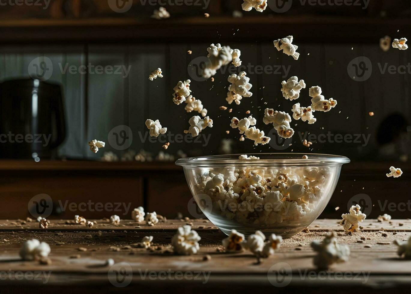 ai gegenereerd popcorn vallend van kom Aan houten tafel foto
