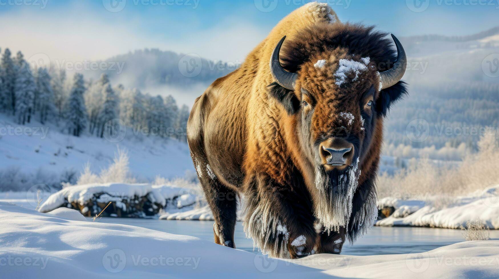 ai gegenereerd Amerikaans buffel gedekt met sneeuw en vorst staand in rivier- foto