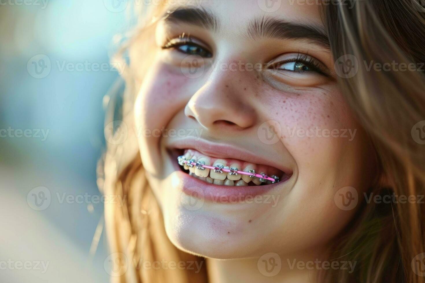 ai gegenereerd tiener-leeftijd vrouw met een beugel glimlachen mond dichtbij omhoog de concept van modern tandheelkunde. generatief ai foto