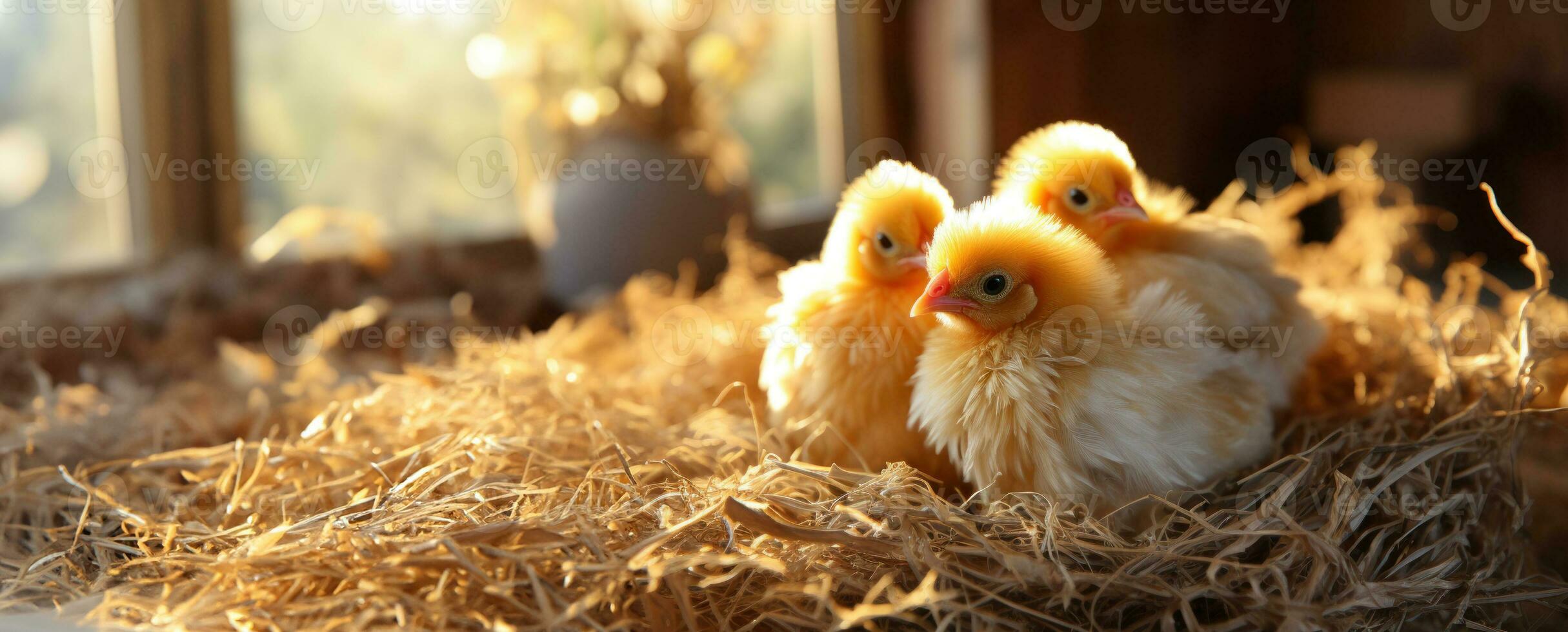 ai gegenereerd banier met een nest met weinig geel kuikens Aan een helder zonnig zondag dag Aan een boerderij, idee voor een kaart voor gelukkig Pasen. foto