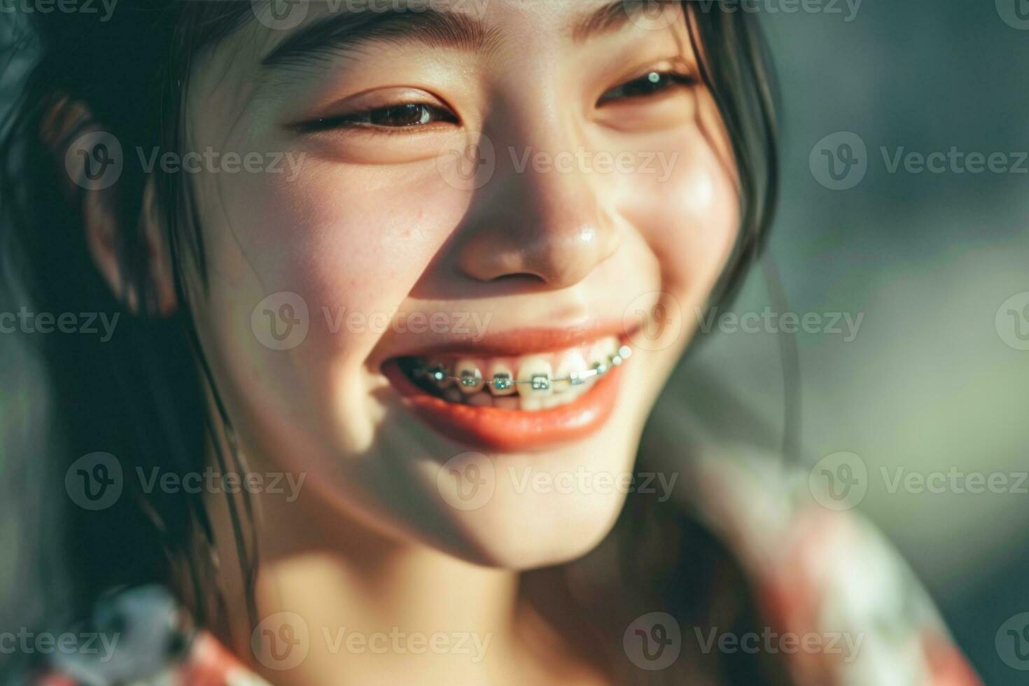 ai gegenereerd tiener Aziatisch vrouw met een beugel glimlachen mond dichtbij omhoog de concept van modern tandheelkunde. generatief ai foto