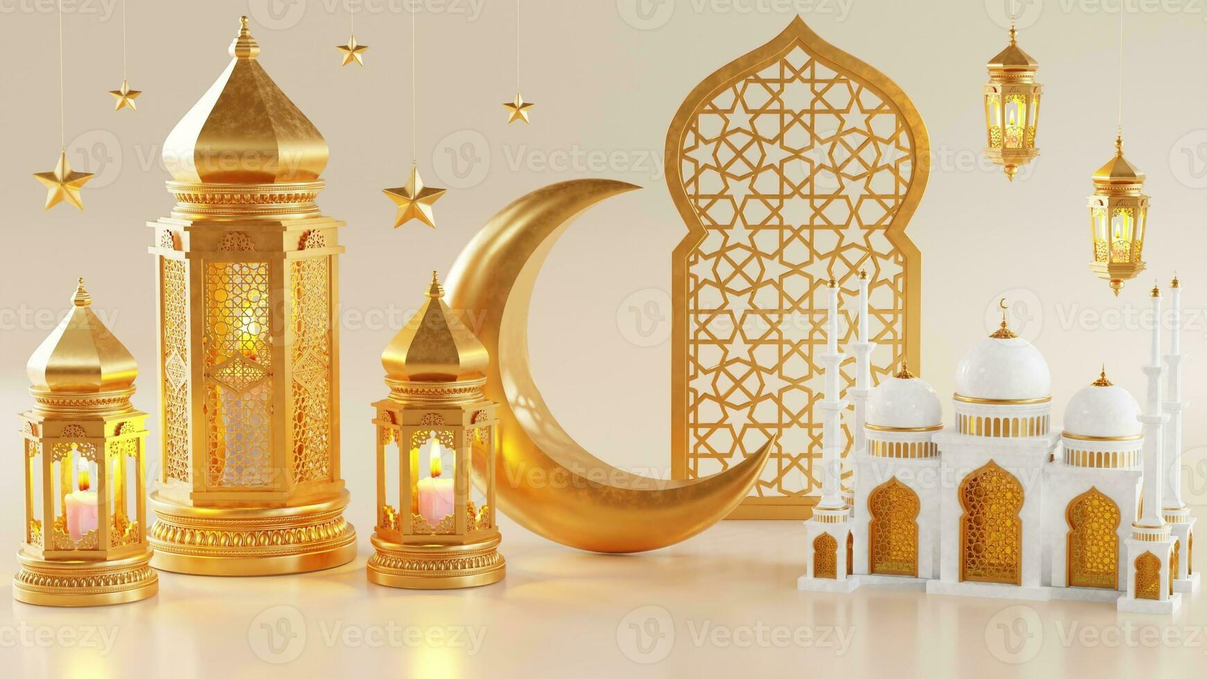 3d Ramadan kareem podium met gouden maan ster en lantaarn, moskee deur Islamitisch patroon, Arabisch koffie pot, datum palm fruit, podium net zo luxe Islamitisch achtergrond. decoratie voor Ramadan kareem. foto