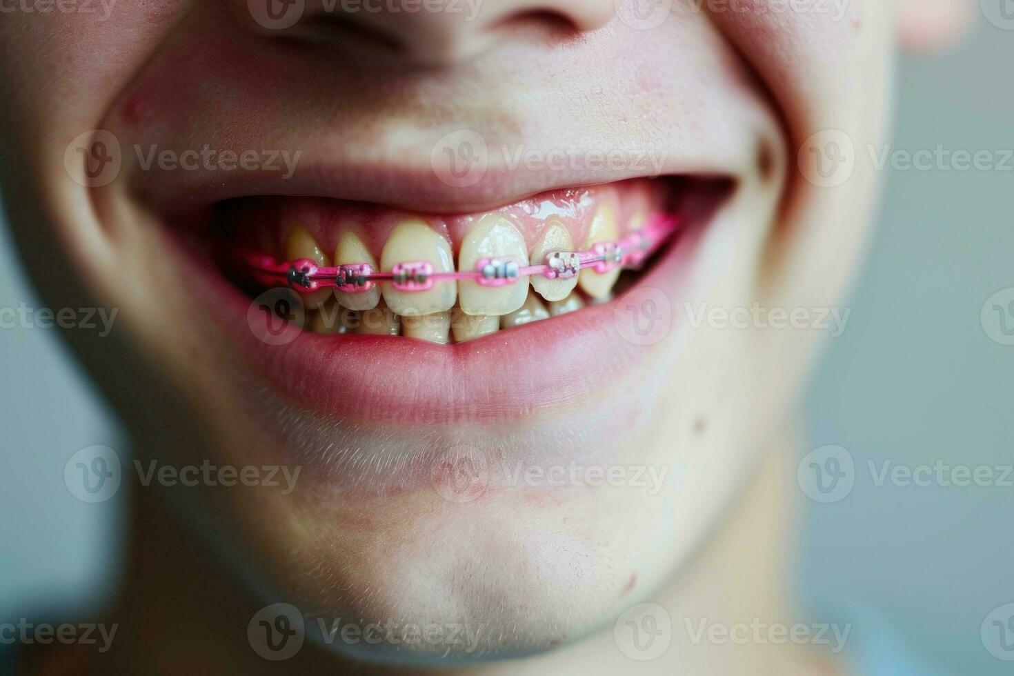 ai gegenereerd tiener-leeftijd Mens met een beugel glimlachen mond dichtbij omhoog de concept van modern tandheelkunde. generatief ai foto