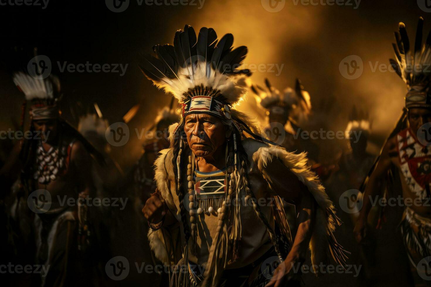 ai gegenereerd inheems Amerikanen krijgers het uitvoeren van traditioneel oorlog dansen, illustreren hun cultureel betekenis en vaardigheid. foto