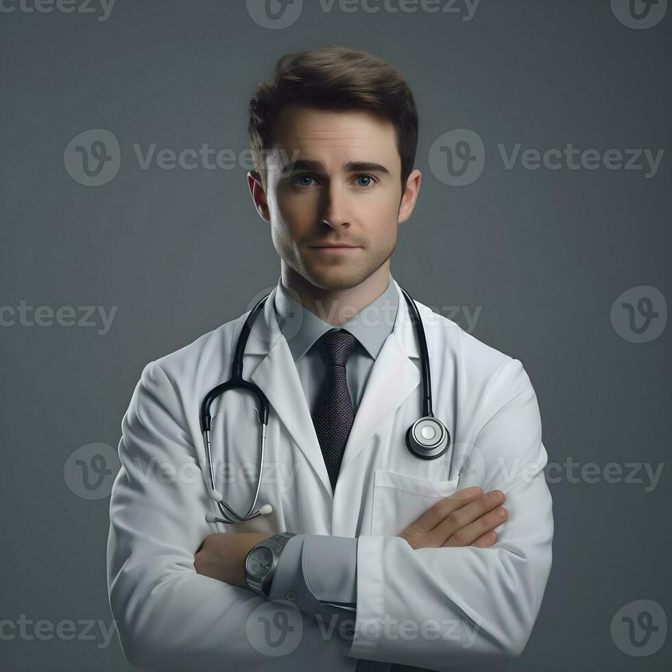 ai gegenereerd Mens dokter Aan een grijs achtergrond. foto