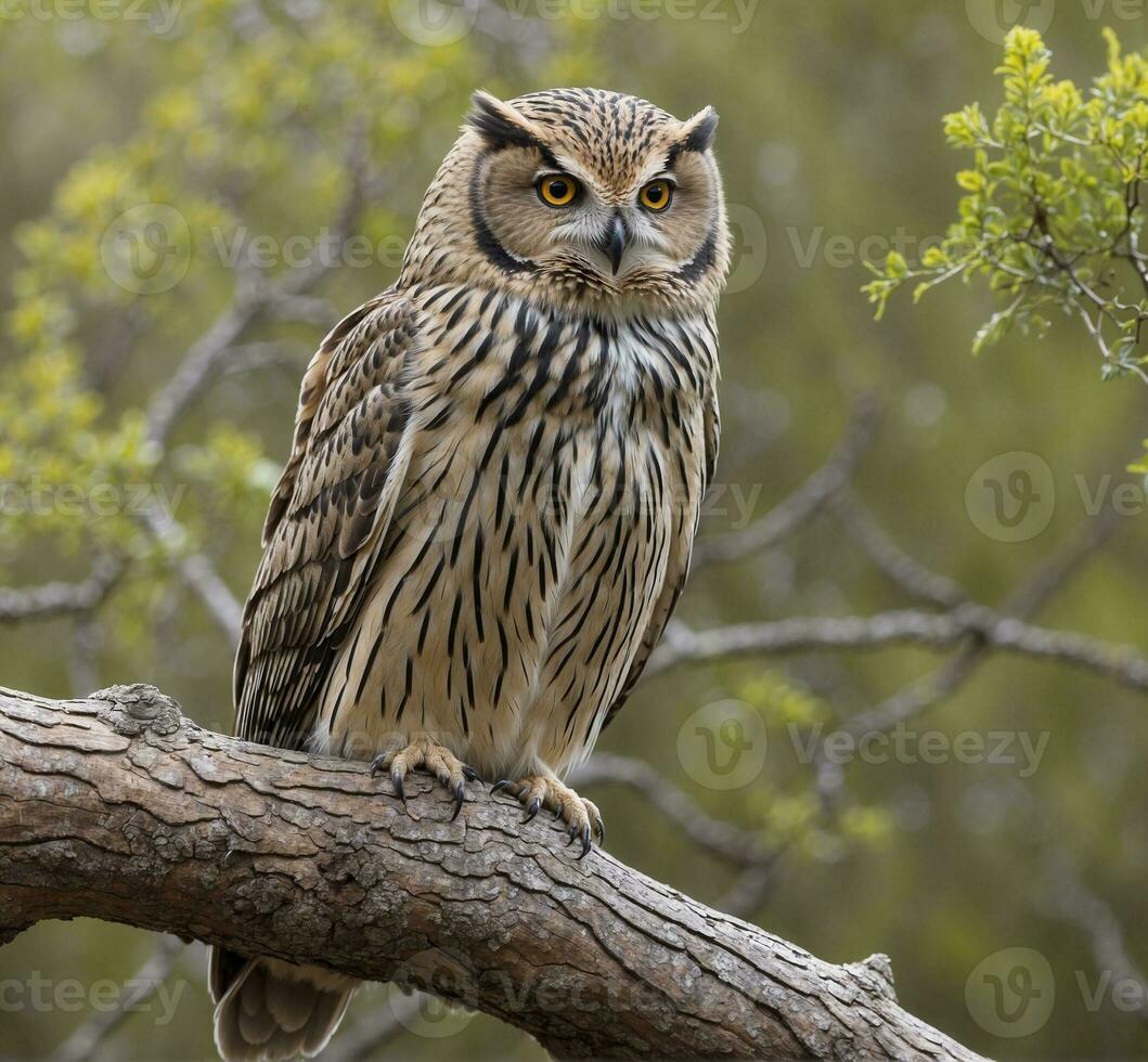 ai gegenereerd Super goed gehoornd uil, bubo bubo, single vogel Aan tak, zuiden Afrika foto