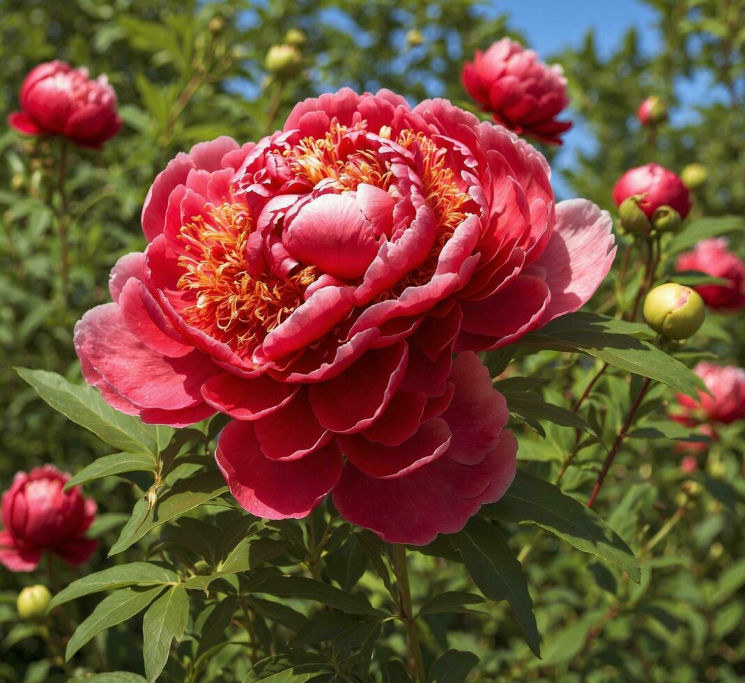 ai gegenereerd mooi pioen bloem in de tuin Aan een zonnig zomer dag foto