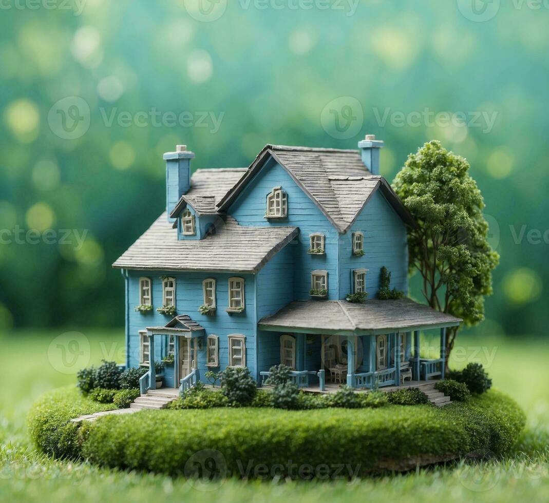 ai gegenereerd huis model- met groen gras en blauw lucht achtergrond, echt landgoed concept foto