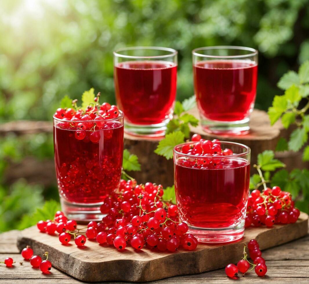 ai gegenereerd een glas van vers sap met rood krenten en sinaasappels Aan een houten achtergrond foto