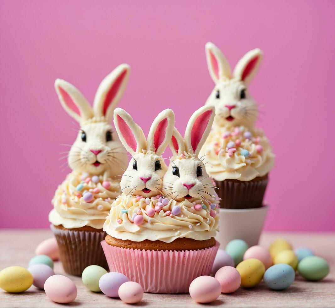 ai gegenereerd Pasen cupcakes versierd met konijn oren en kleurrijk eieren Aan een roze achtergrond foto