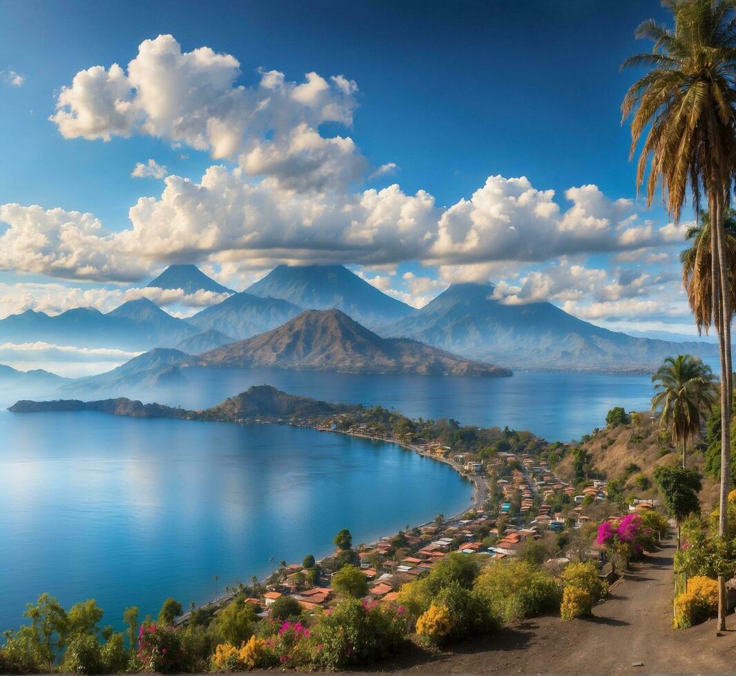 ai gegenereerd panoramisch visie van meer atitlan en vulkanen in Guatemala foto