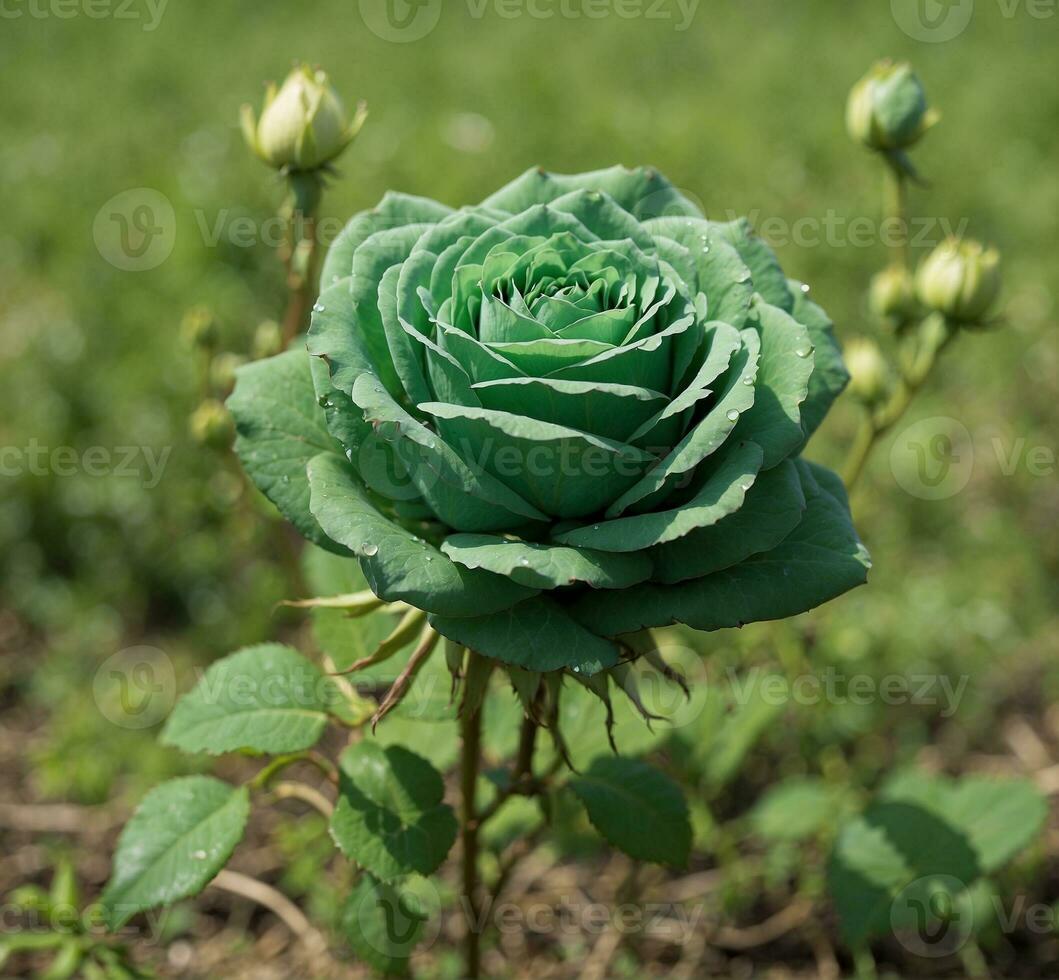 ai gegenereerd groen roos Aan een achtergrond van groen gras. Ondiep diepte van veld. foto