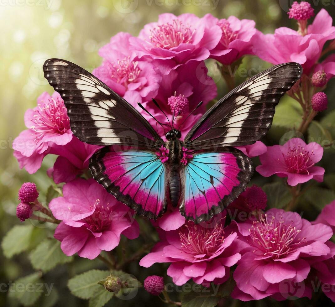 ai gegenereerd mooi vlinder Aan roze bloemen, detailopname. natuur achtergrond foto