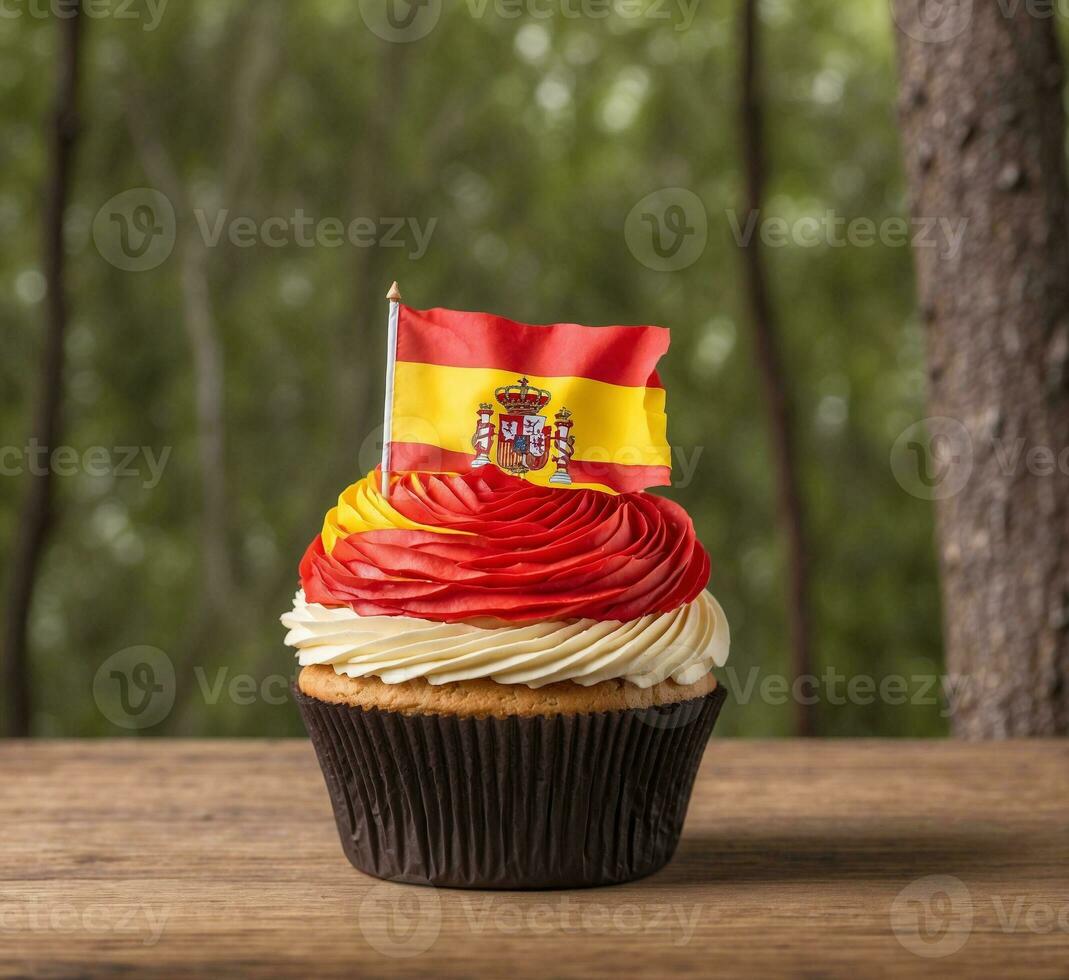 ai gegenereerd koekje met vlag van Spanje Aan top Aan houten tafel buitenshuis foto