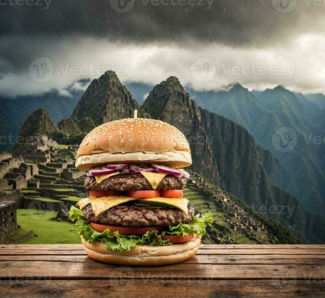 ai gegenereerd dubbele cheeseburger Aan houten tafel met regen druppels in de achtergrond foto