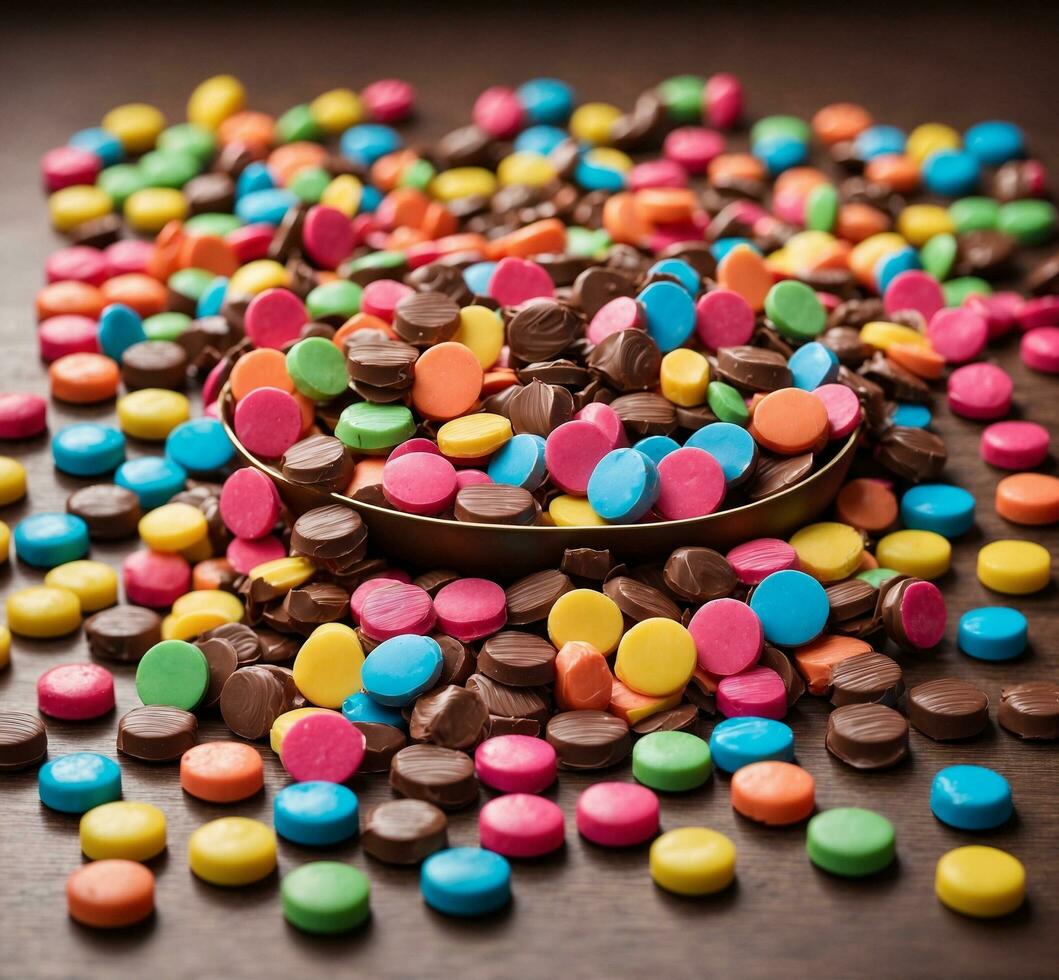 ai gegenereerd kleurrijk chocola snoepjes Aan houten achtergrond. selectief focus. foto