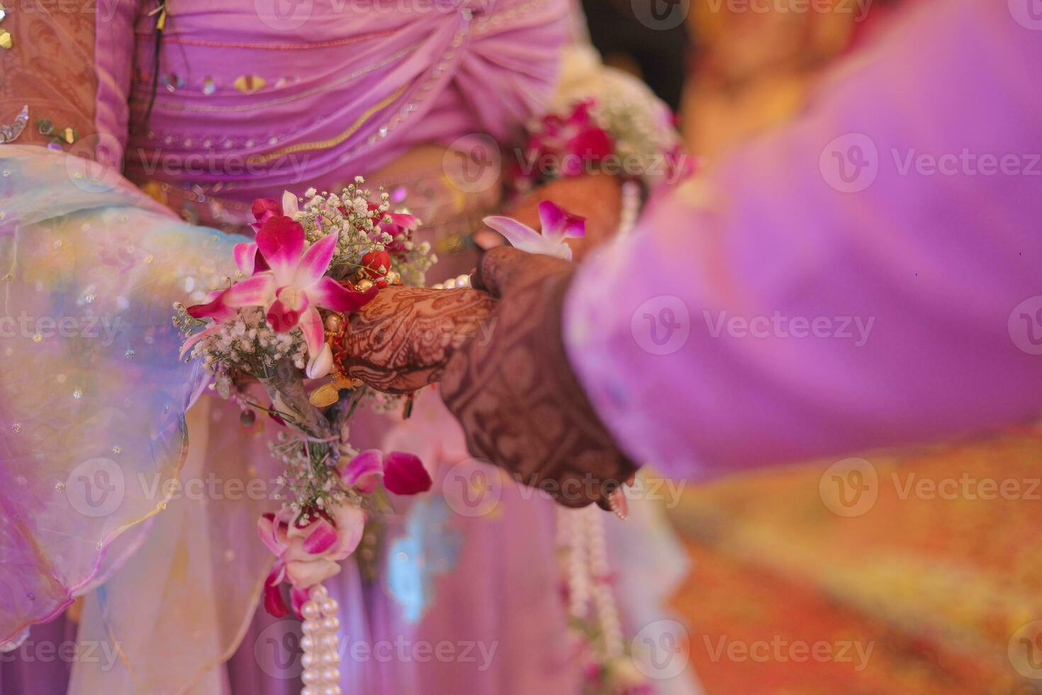 Indisch bruiloft openhartig foto van bruidegom en bruid Holding hand-