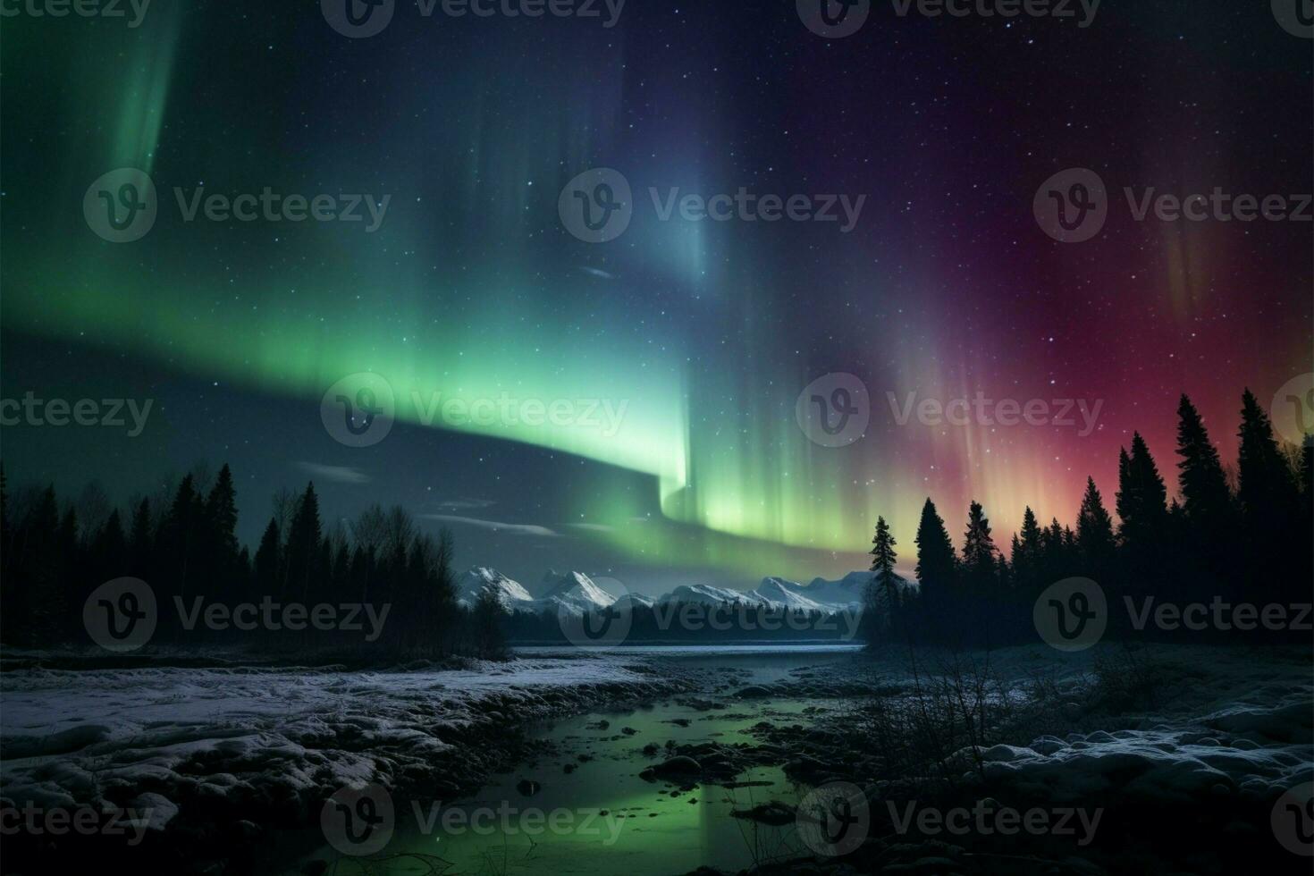 ai gegenereerd de nacht lucht dansen met tinten in een mooi Aurora foto