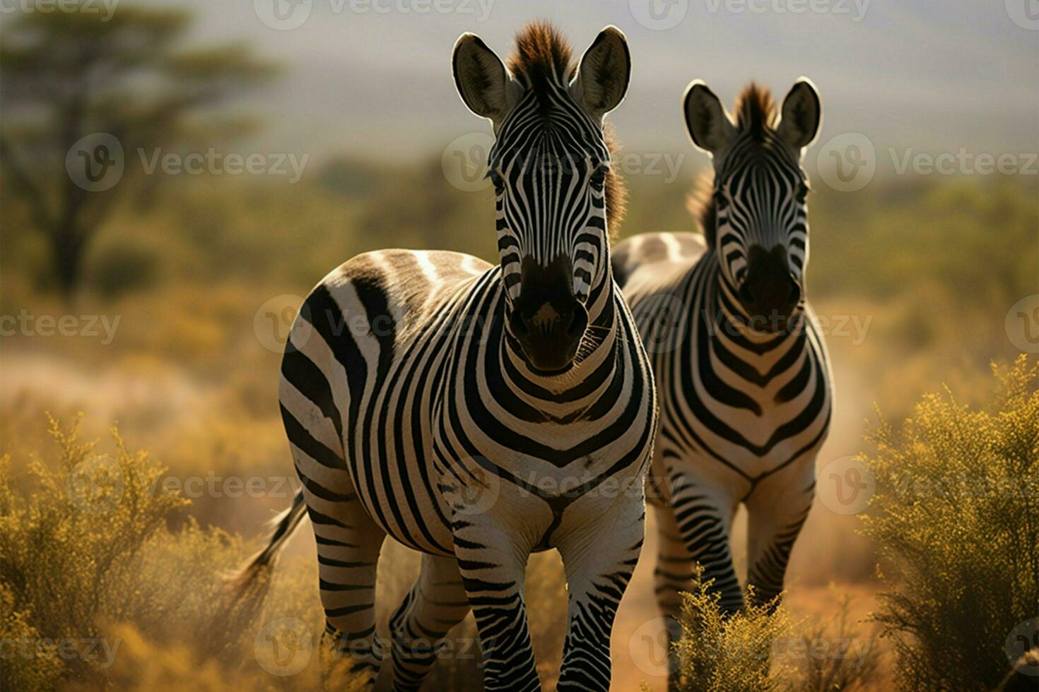 ai gegenereerd gestreept schoonheid zebra's portret reeks tegen de levendig Woud backdrop foto