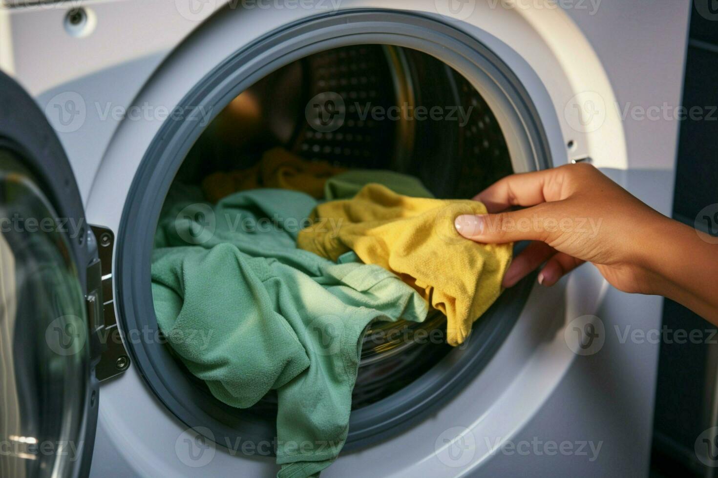 ai gegenereerd kleding zorg een mans hand- druppels kleren in de het wassen machine foto