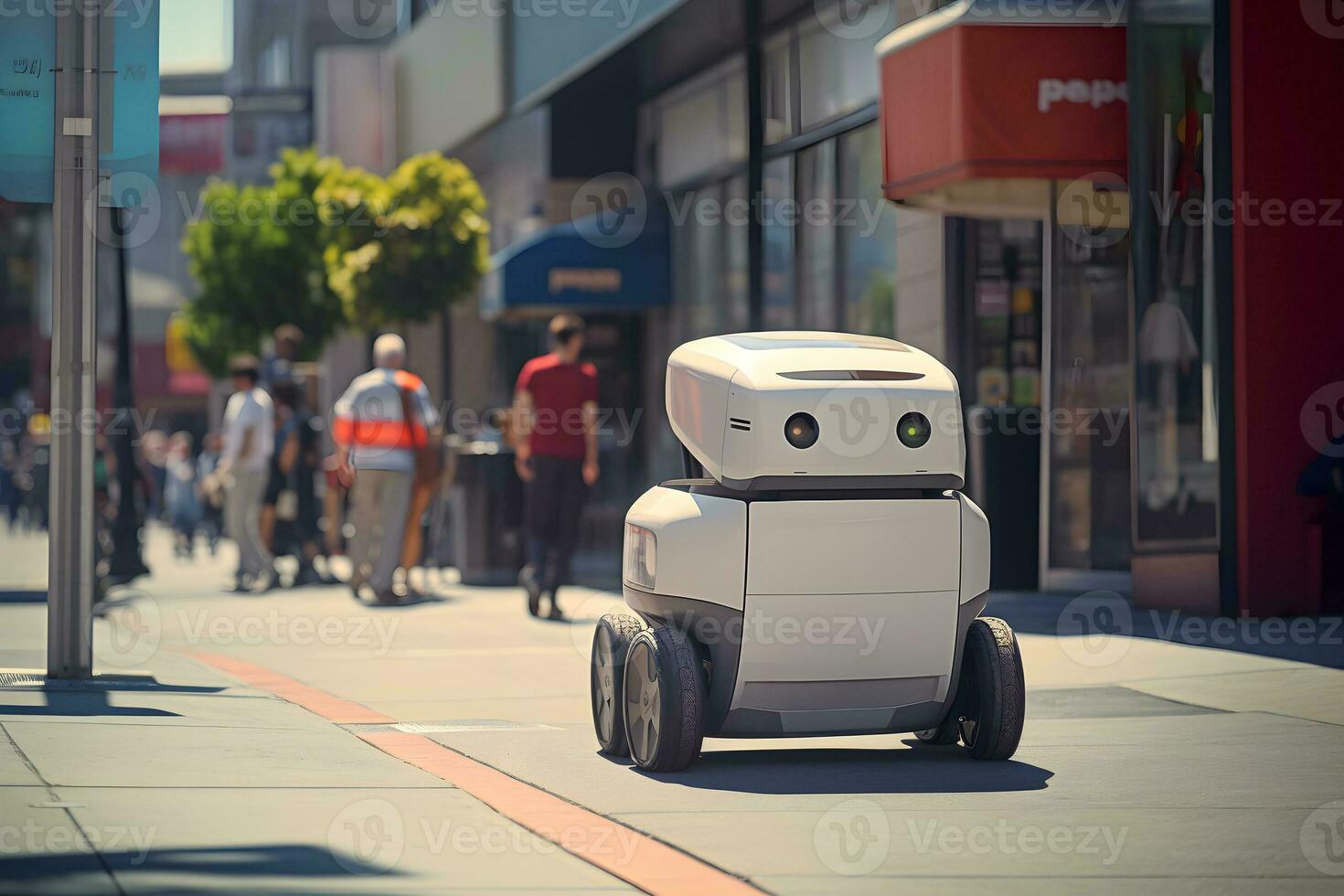 ai gegenereerd levering robot is het rijden naar beneden stad straat. autonoom laatste mijl levering concept. ai gegenereerd foto