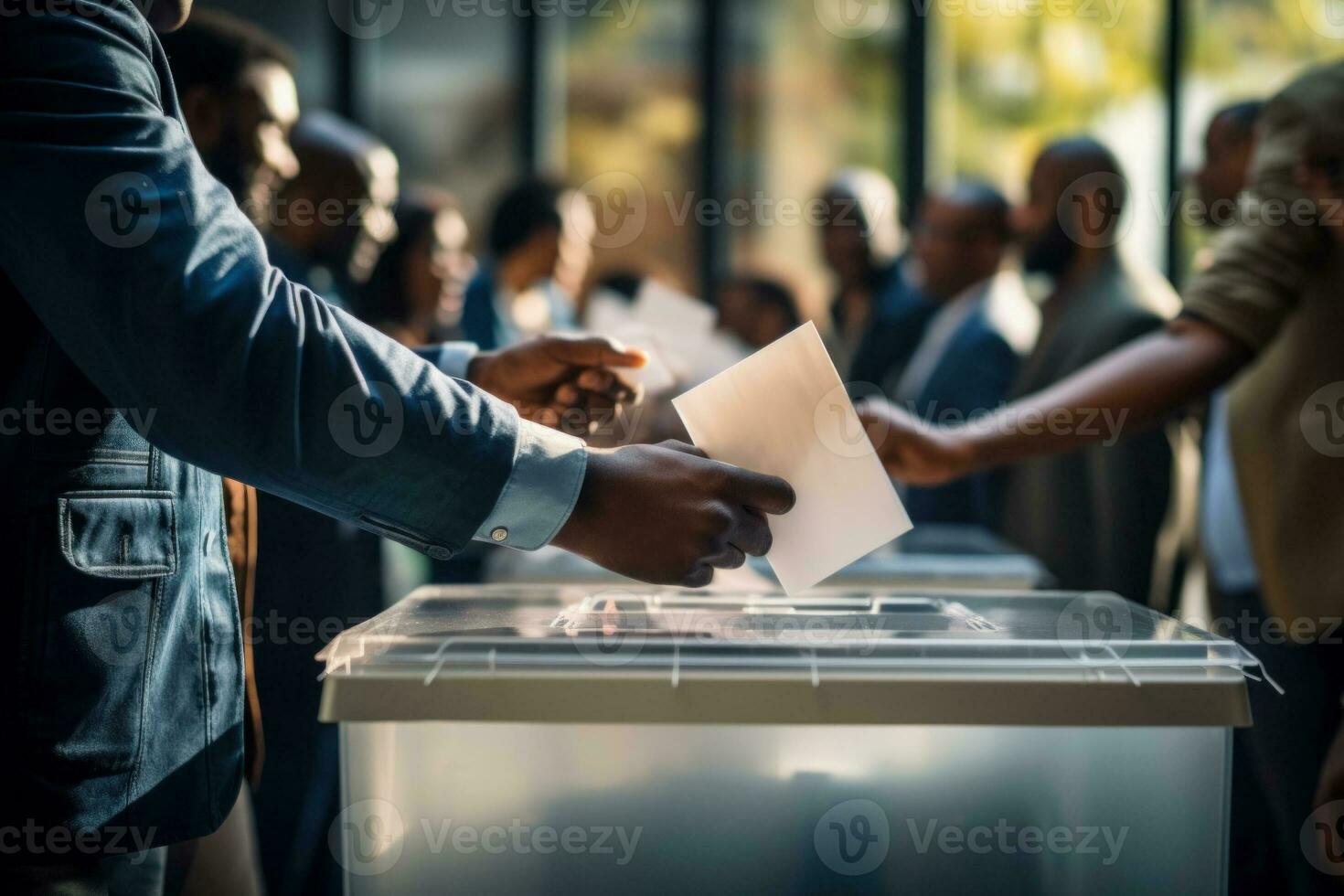 ai gegenereerd verkiezingen in de Verenigde Staten van Amerika, detailopname van mensen handen zetten stembiljetten in de stemming doos. ik gestemd - de belang van deelnemen in electoraal processen en stemmen foto