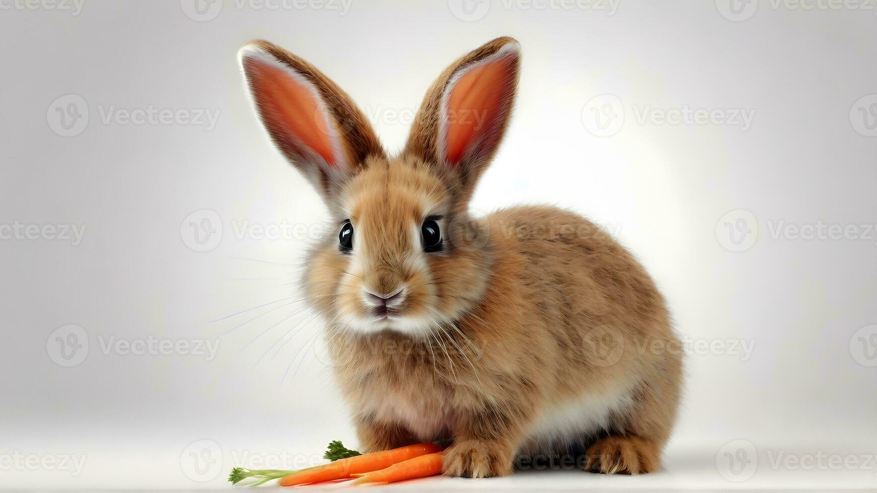 ai gegenereerd illustreren een baby konijn met lang oren en een spiertrekkingen neus, misschien knabbelen Aan een wortel, geïsoleerd Aan een wit achtergrond, generatief ai, achtergrond beeld foto