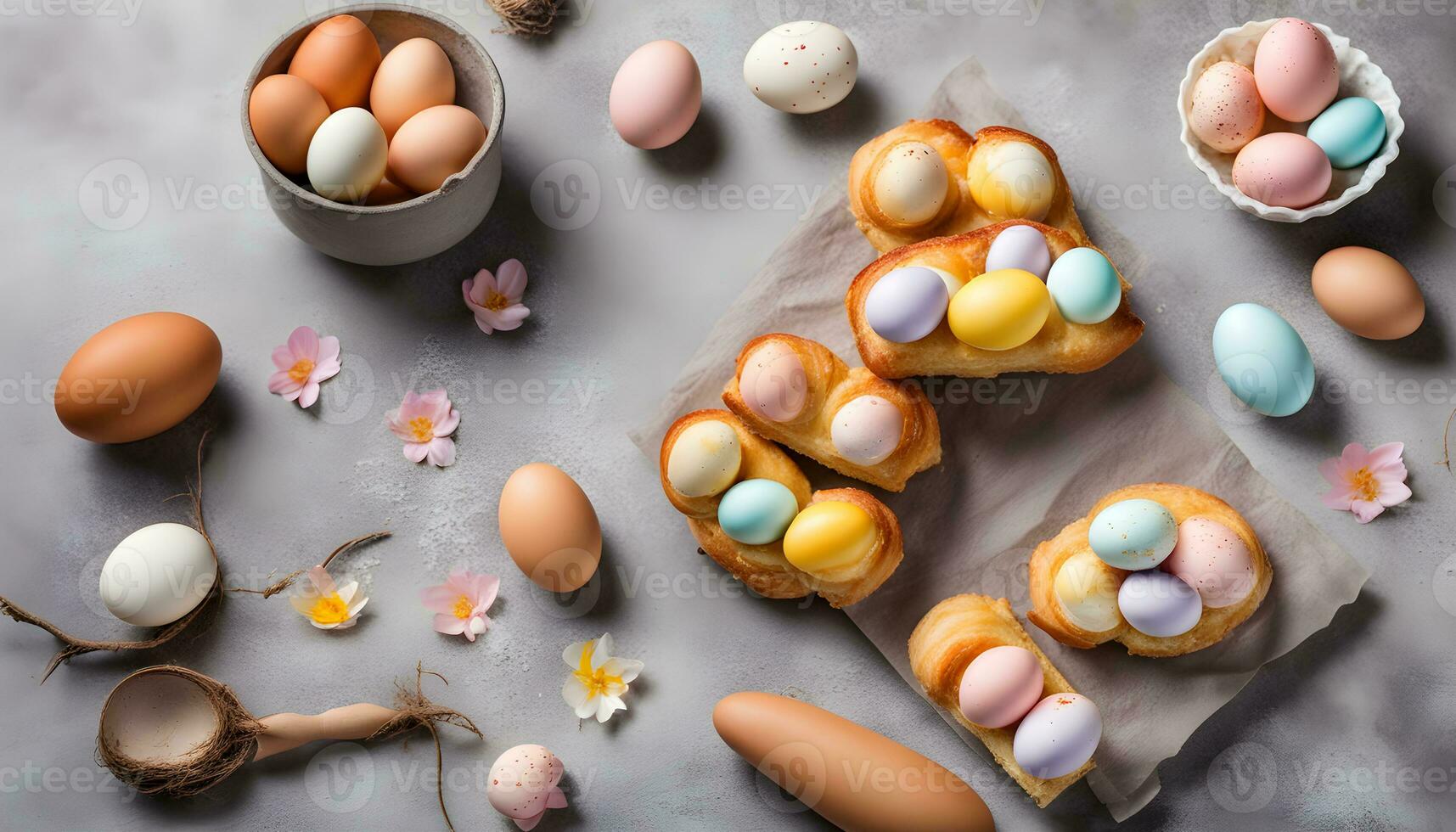 ai gegenereerd Pasen eieren en gebakjes Aan een tafel foto